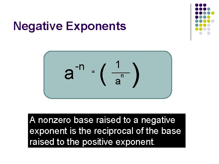 Negative Exponents a -n = ( 1 ______ n a ) A nonzero base Negative Exponents a -n = ( 1 ______ n a ) A nonzero base