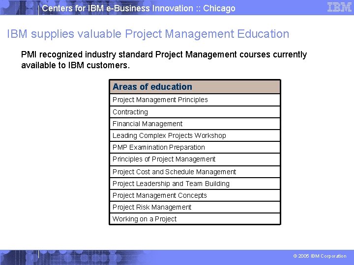 Centers for IBM e-Business Innovation : : Chicago IBM supplies valuable Project Management Education