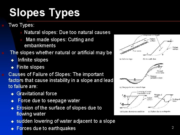 Slopes Types n n n Two Types: « Natural slopes: Due too natural causes