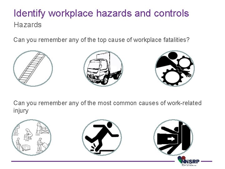 Identify workplace hazards and controls Hazards Can you remember any of the top cause