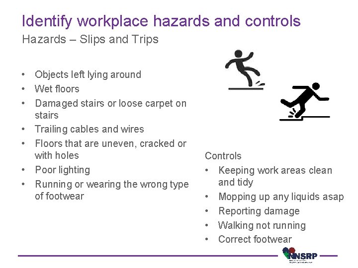 Identify workplace hazards and controls Hazards – Slips and Trips • Objects left lying