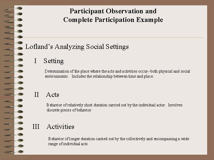 Participant Observation and Complete Participation Example Lofland’s Analyzing Social Settings I Setting Determination of