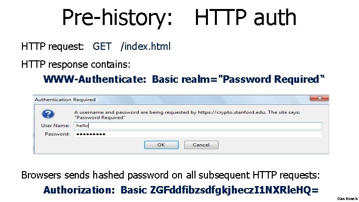 Pre-history: HTTP auth HTTP request: GET /index. html HTTP response contains: WWW-Authenticate: Basic realm="Password