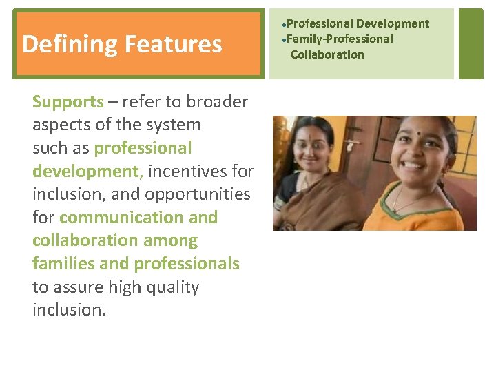 Defining Features Supports – refer to broader aspects of the system such as professional