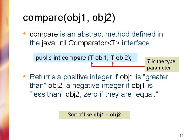 compare(obj 1, obj 2) • compare is an abstract method defined in the java.