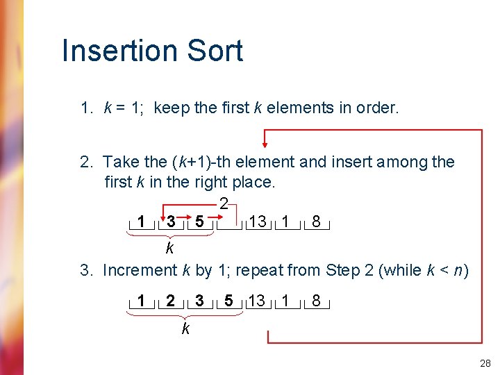 Insertion Sort 1. k = 1; keep the first k elements in order. 2.