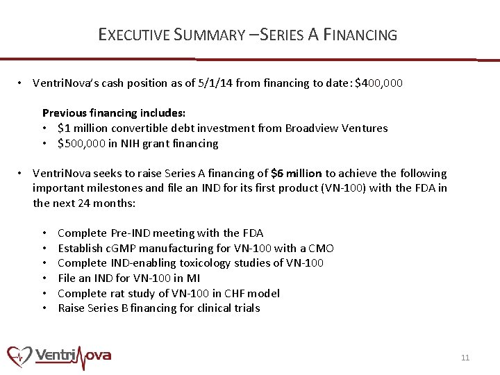 EXECUTIVE SUMMARY – SERIES A FINANCING • Ventri. Nova’s cash position as of 5/1/14