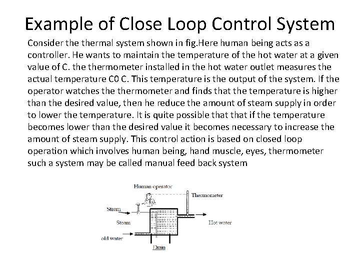 Example of Close Loop Control System Consider thermal system shown in fig. Here human Example of Close Loop Control System Consider thermal system shown in fig. Here human