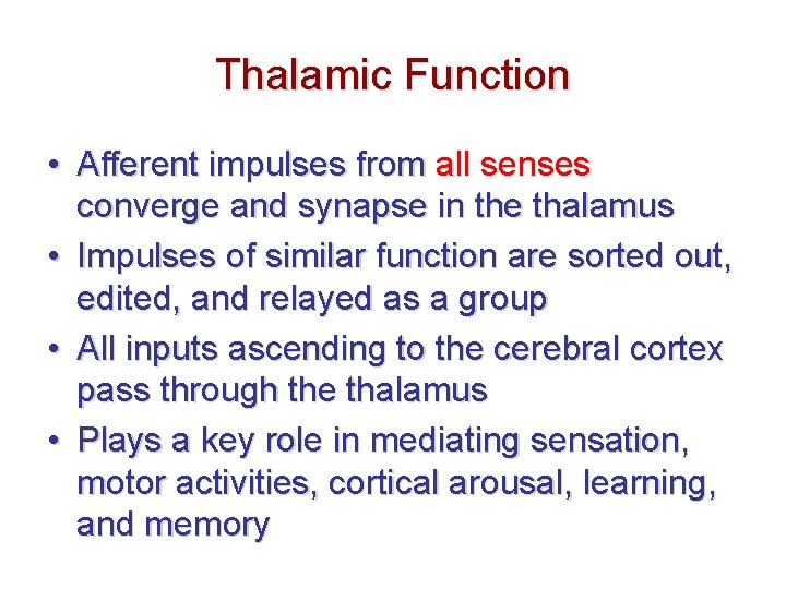 Thalamic Function • Afferent impulses from all senses converge and synapse in the thalamus