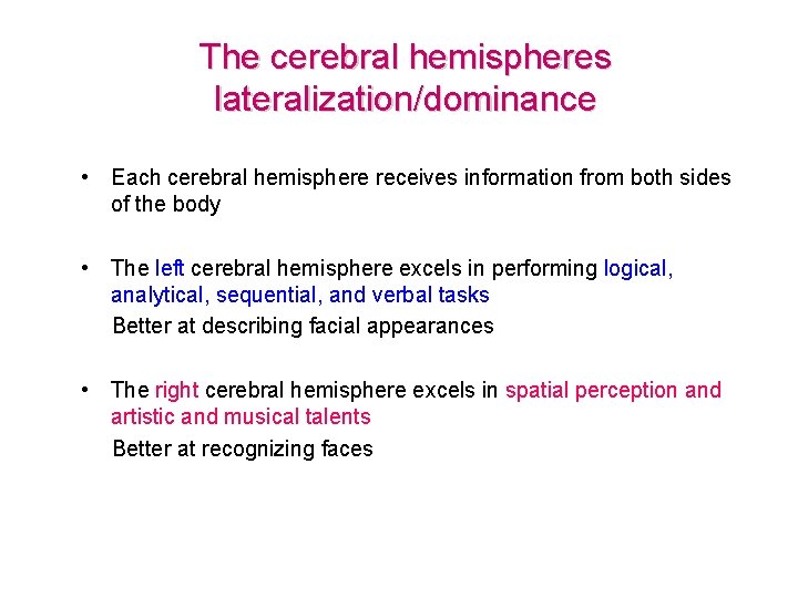 The cerebral hemispheres lateralization/dominance • Each cerebral hemisphere receives information from both sides of