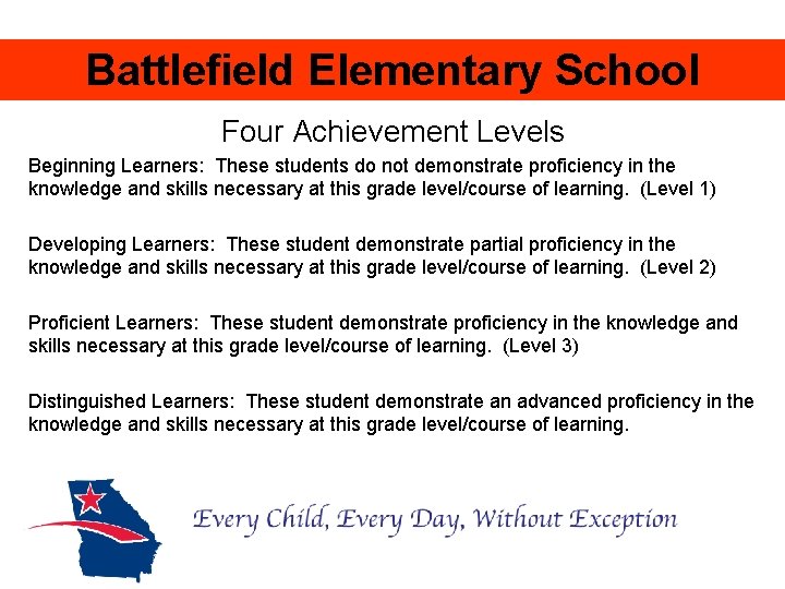 Battlefield Elementary School Four Achievement Levels Beginning Learners: These students do not demonstrate proficiency