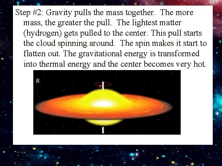 Step #2: Gravity pulls the mass together. The more mass, the greater the pull.