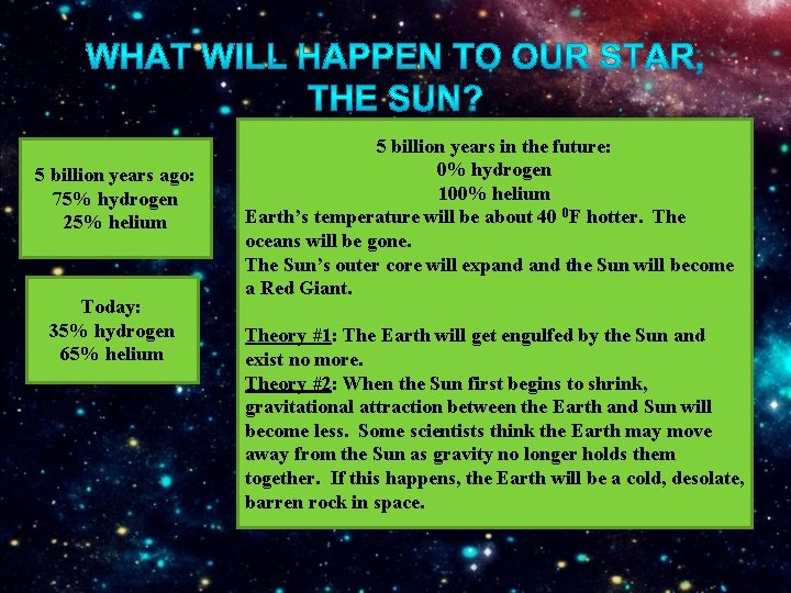 5 billion years ago: 75% hydrogen 25% helium Today: 35% hydrogen 65% helium 5