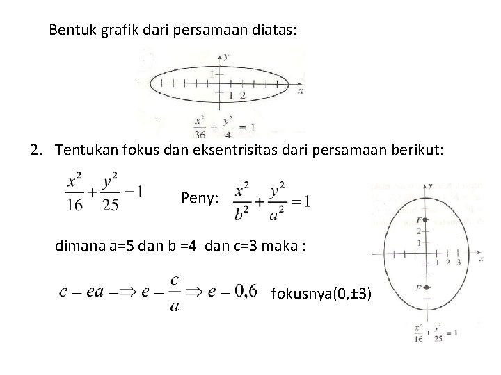 Bentuk grafik dari persamaan diatas: 2. Tentukan fokus dan eksentrisitas dari persamaan berikut: Peny: