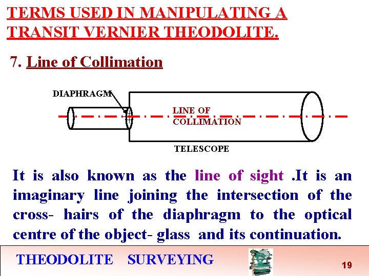 TERMS USED IN MANIPULATING A TRANSIT VERNIER THEODOLITE. 7. Line of Collimation DIAPHRAGM LINE TERMS USED IN MANIPULATING A TRANSIT VERNIER THEODOLITE. 7. Line of Collimation DIAPHRAGM LINE