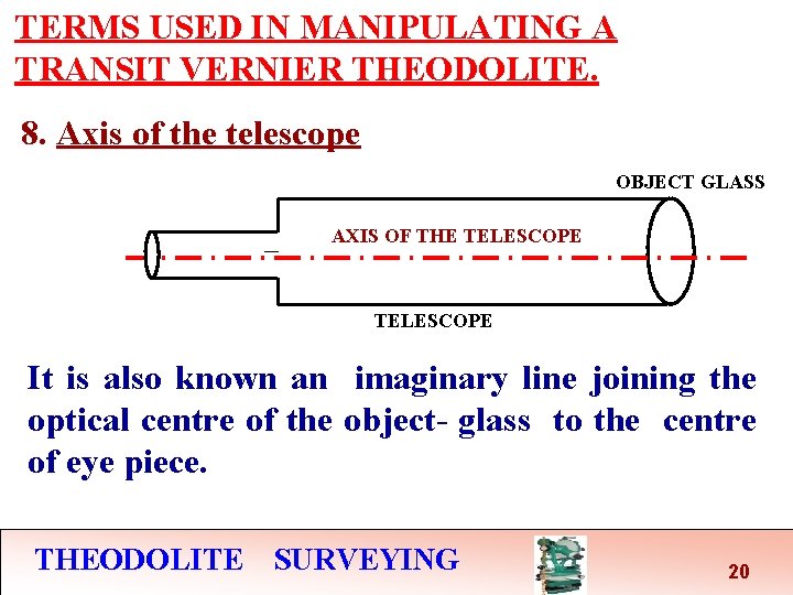 TERMS USED IN MANIPULATING A TRANSIT VERNIER THEODOLITE. 8. Axis of the telescope OBJECT TERMS USED IN MANIPULATING A TRANSIT VERNIER THEODOLITE. 8. Axis of the telescope OBJECT