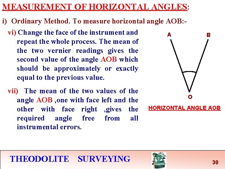 MEASUREMENT OF HORIZONTAL ANGLES: i) Ordinary Method. To measure horizontal angle AOB: vi) Change MEASUREMENT OF HORIZONTAL ANGLES: i) Ordinary Method. To measure horizontal angle AOB: vi) Change