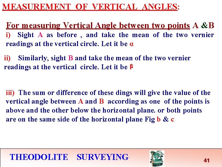 MEASUREMENT OF VERTICAL ANGLES: For measuring Vertical Angle between two points A &B i) MEASUREMENT OF VERTICAL ANGLES: For measuring Vertical Angle between two points A &B i)