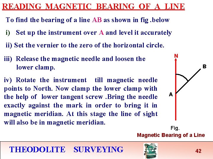 READING MAGNETIC BEARING OF A LINE To find the bearing of a line AB READING MAGNETIC BEARING OF A LINE To find the bearing of a line AB