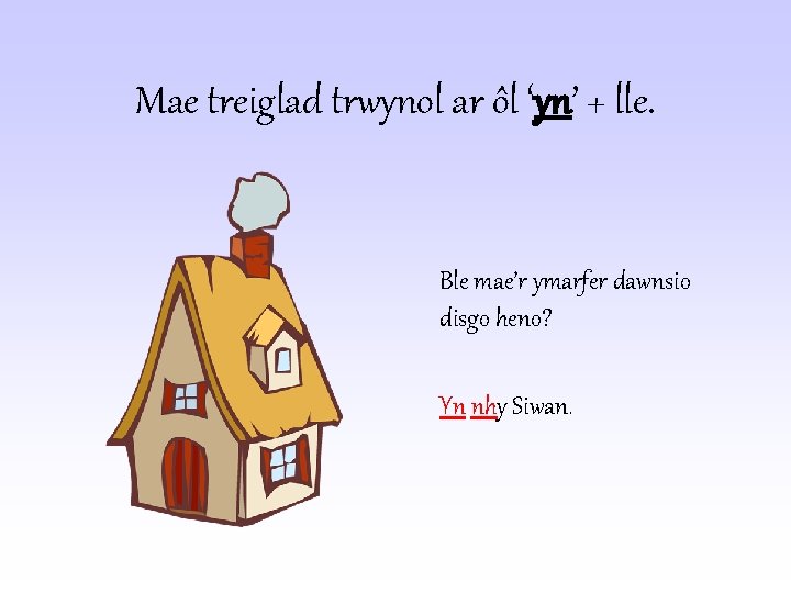 Mae treiglad trwynol ar ôl ‘yn’ + lle. Ble mae’r ymarfer dawnsio disgo heno?