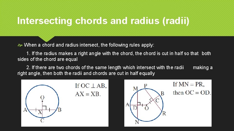 Intersecting chords and radius (radii) When a chord and radius intersect, the following rules