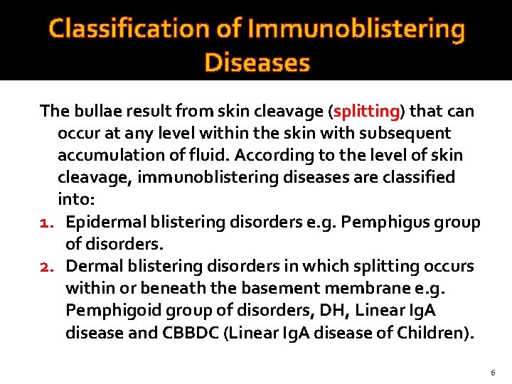 Classification of Immunoblistering Diseases The bullae result from skin cleavage (splitting) splitting that can