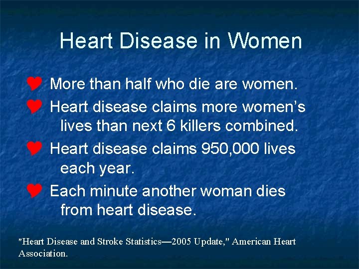 Heart Disease in Women Y More than half who die are women. Y Heart