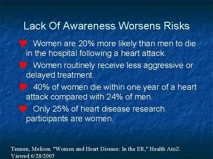 Lack Of Awareness Worsens Risks Y Women are 20% more likely than men to