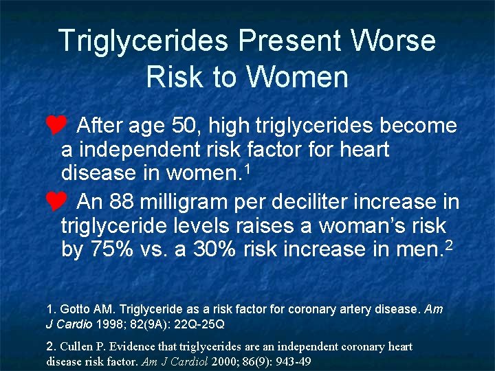 Triglycerides Present Worse Risk to Women Y After age 50, high triglycerides become a
