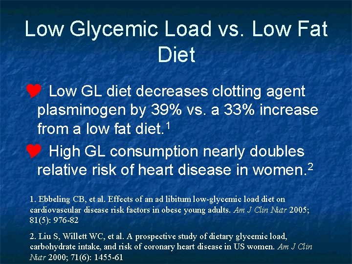 Low Glycemic Load vs. Low Fat Diet Y Low GL diet decreases clotting agent