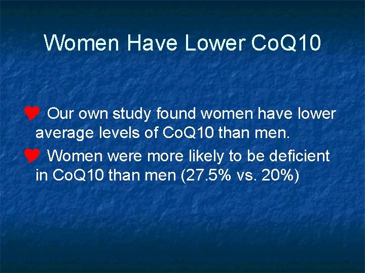 Women Have Lower Co. Q 10 Y Our own study found women have lower