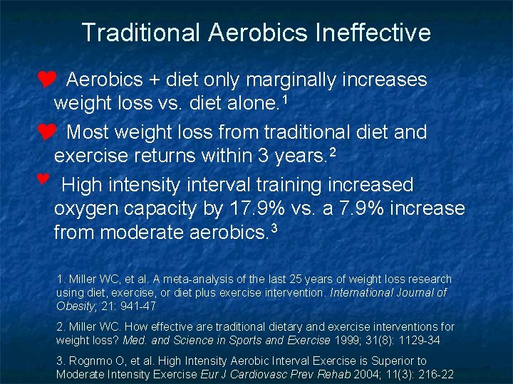 Traditional Aerobics Ineffective Y Aerobics + diet only marginally increases weight loss vs. diet