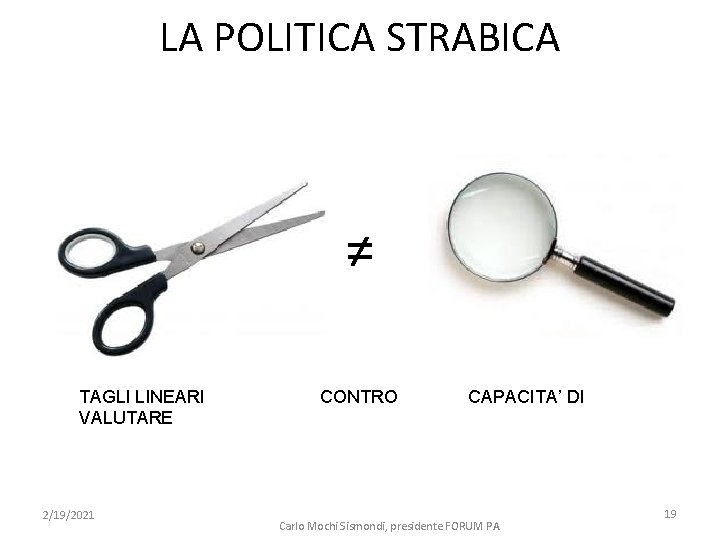 LA POLITICA STRABICA ≠ TAGLI LINEARI VALUTARE 2/19/2021 CONTRO CAPACITA’ DI Carlo Mochi Sismondi,