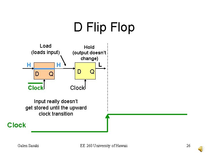 D Flip Flop Load (loads input) H Hold (output doesn’t change) L H D