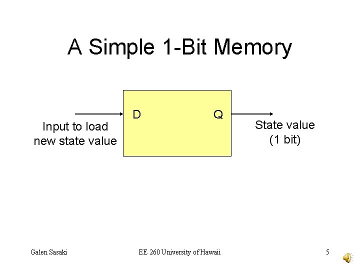 A Simple 1 -Bit Memory Input to load new state value Galen Sasaki D