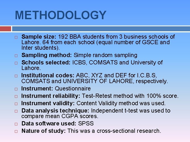 METHODOLOGY Sample size: 192 BBA students from 3 business schools of Lahore. 64 from