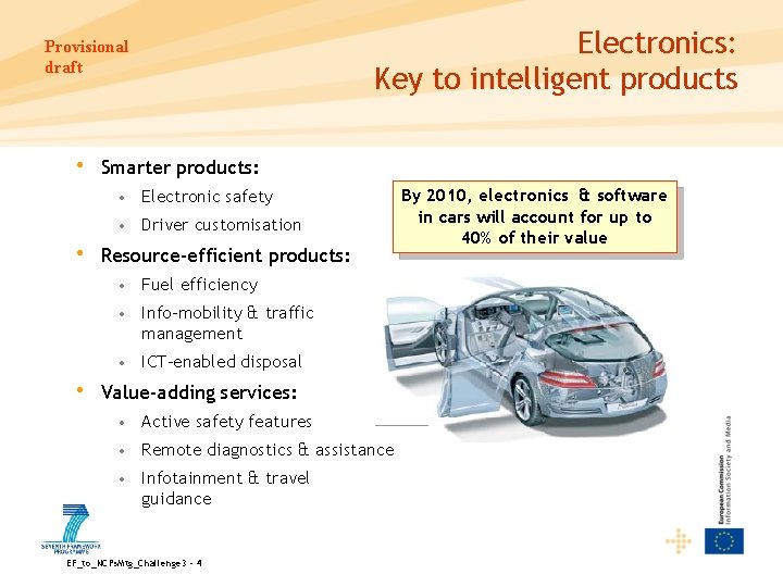 Electronics: Key to intelligent products Provisional draft • Smarter products: • Electronic safety •