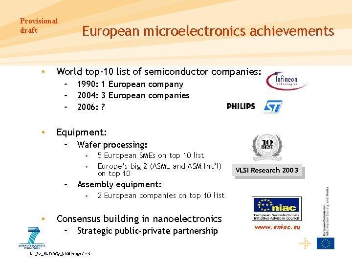 Provisional draft • European microelectronics achievements World top‐ 10 list of semiconductor companies: –