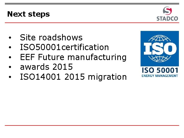 Next steps • • • Site roadshows ISO 50001 certification EEF Future manufacturing awards