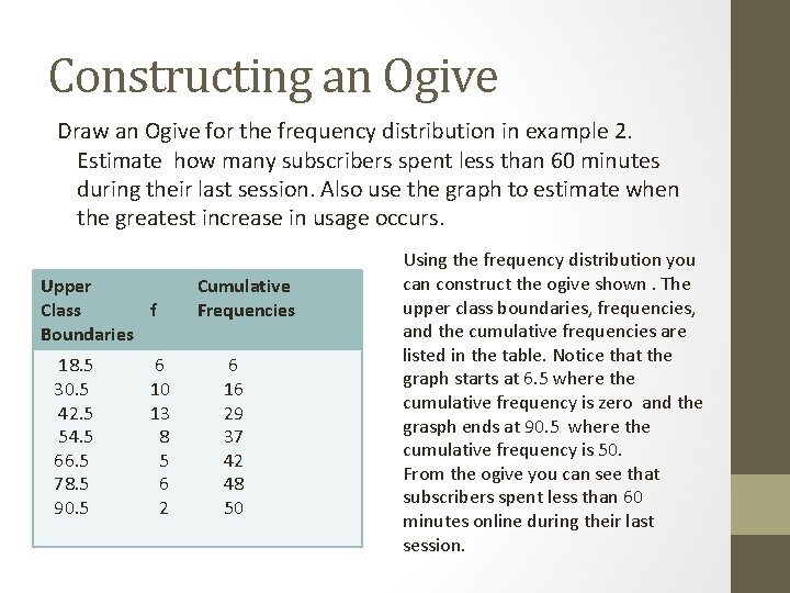 Constructing an Ogive Draw an Ogive for the frequency distribution in example 2. Estimate