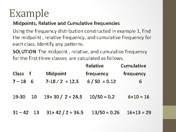 Example Midpoints, Relative and Cumulative frequencies Using the frequency distribution constructed in example 1,