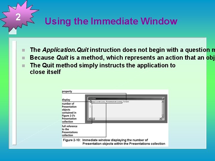 2 Using the Immediate Window n n n The Application. Quit instruction does not