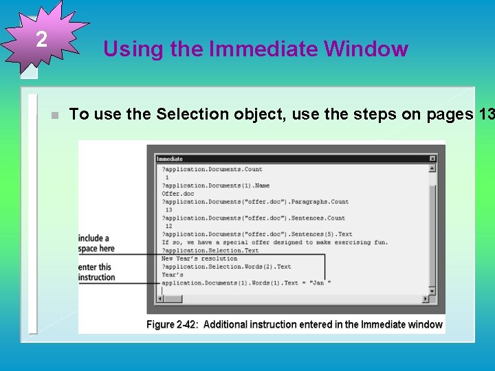 2 Using the Immediate Window n To use the Selection object, use the steps