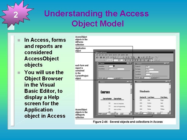 2 n n Understanding the Access Object Model In Access, forms and reports are