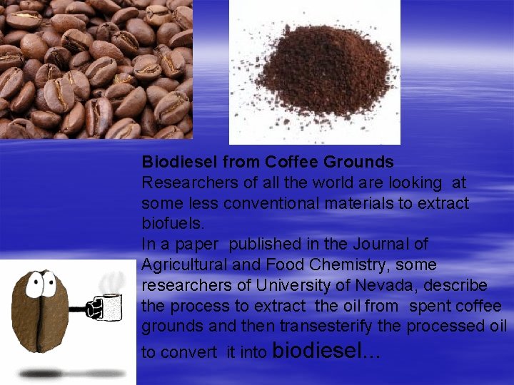 Biodiesel from Coffee Grounds Researchers of all the world are looking at some less