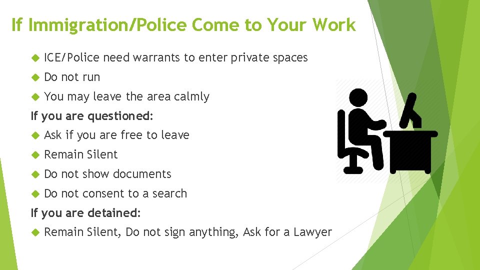 If Immigration/Police Come to Your Work ICE/Police need warrants to enter private spaces Do