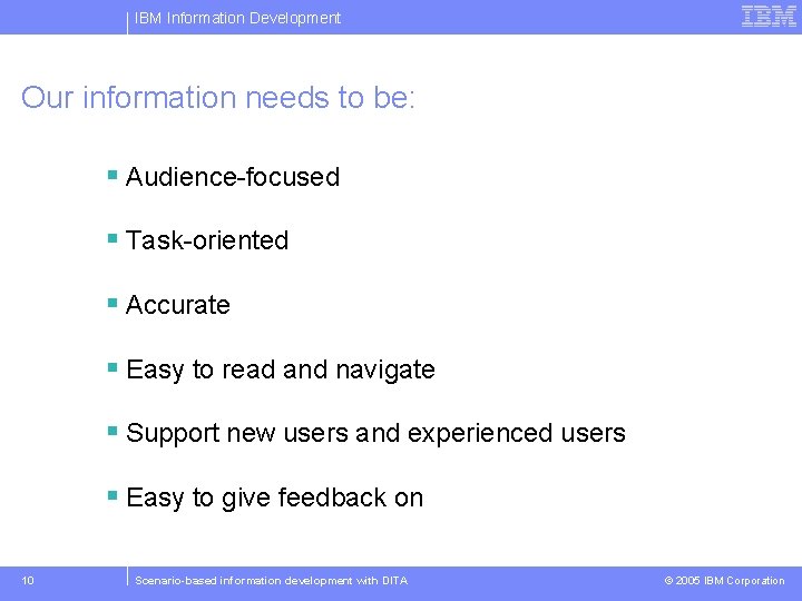 IBM Information Development Our information needs to be: § Audience-focused § Task-oriented § Accurate