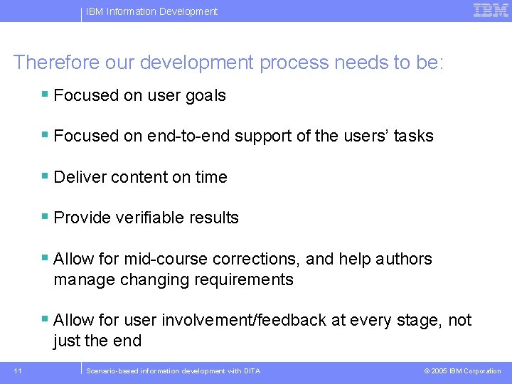 IBM Information Development Therefore our development process needs to be: § Focused on user