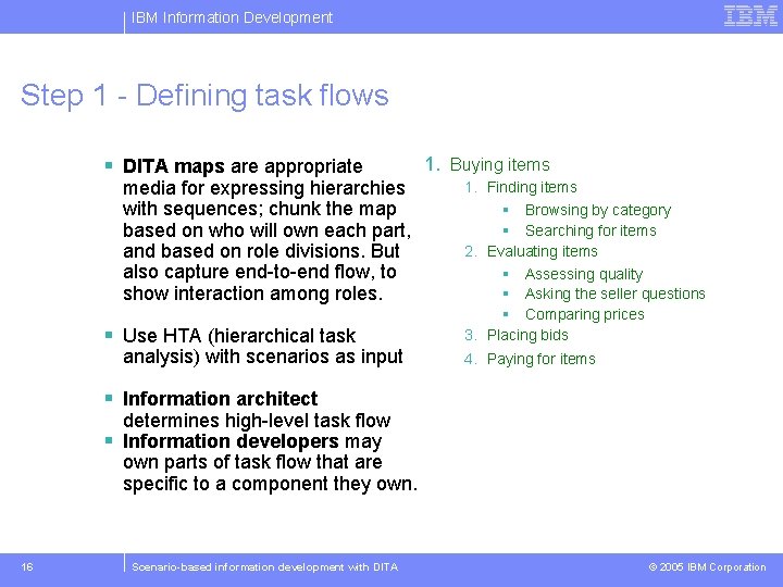 IBM Information Development Step 1 - Defining task flows § DITA maps are appropriate