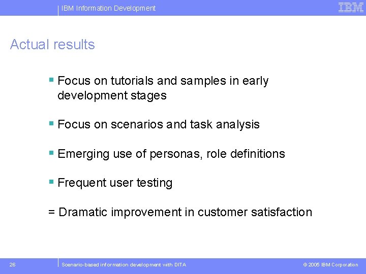 IBM Information Development Actual results § Focus on tutorials and samples in early development